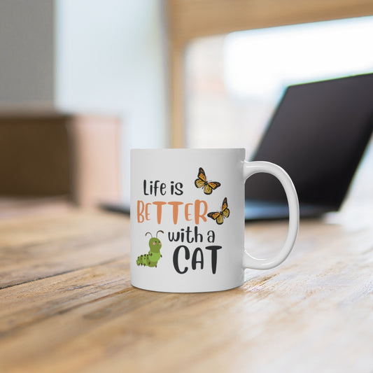 Monarch Love - Life is Better with a Cat - White Ceramic Mug